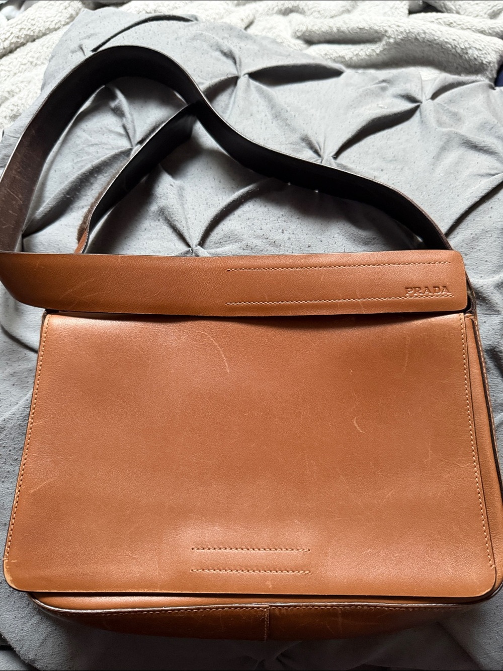 PRADA Tan Leather Messenger Bag with Wide Shoulder Strap